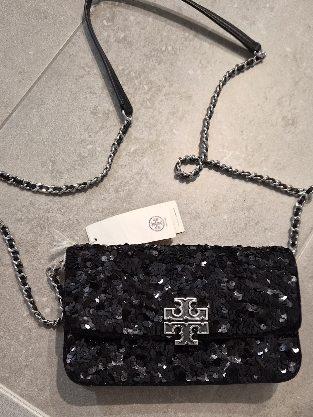 Tory Burch Black Sequin Crossbody with Silver Chain